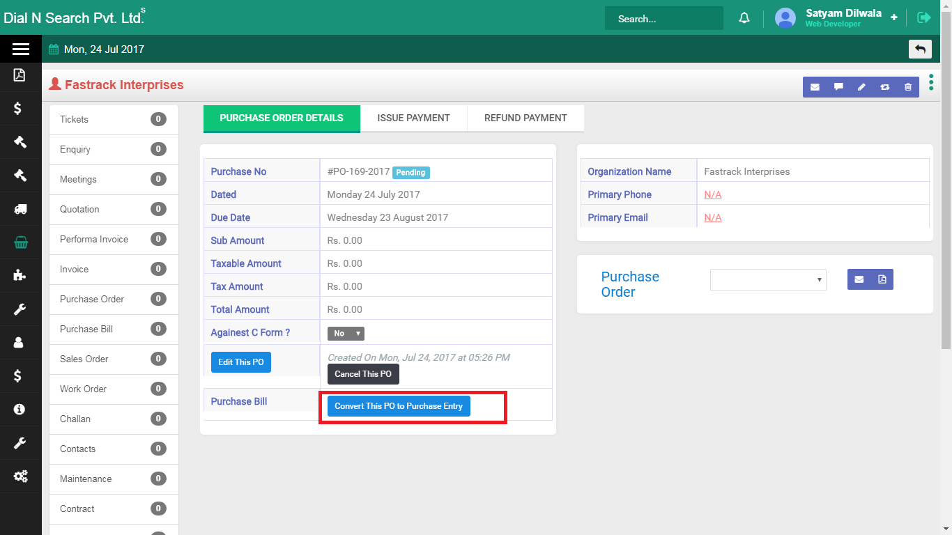 Convert purchase order to purchase bill