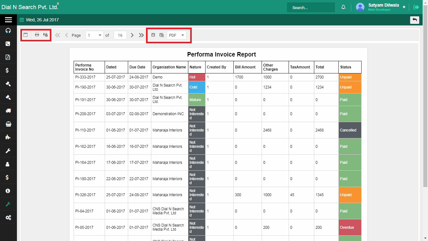 Performa inoice list report