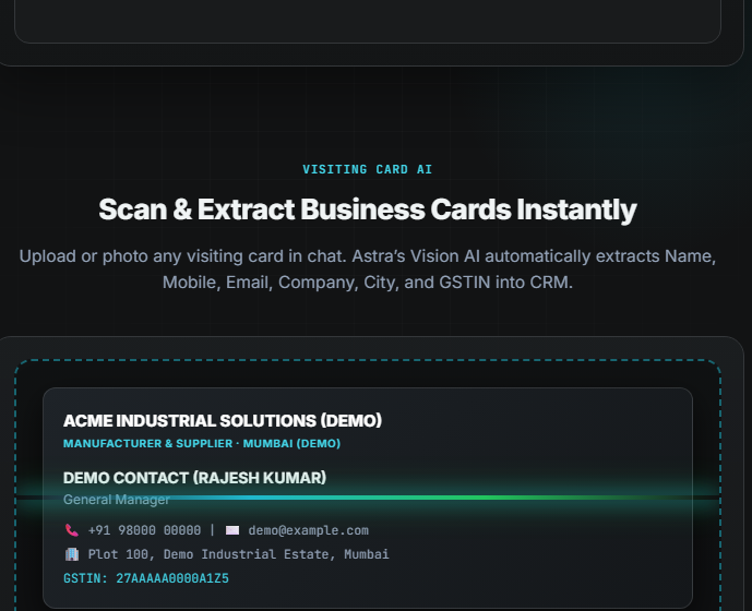 Astra visiting-card Vision AI extracting company and contact fields