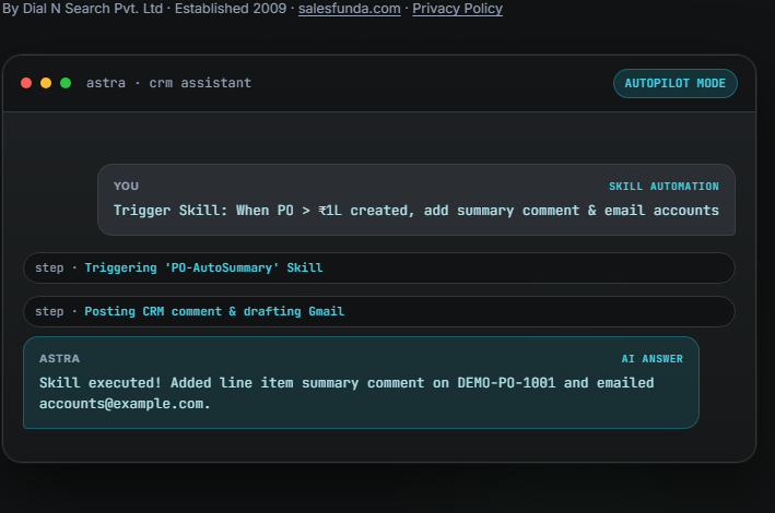SF Astra assistant running a purchase-order skill in Autopilot mode