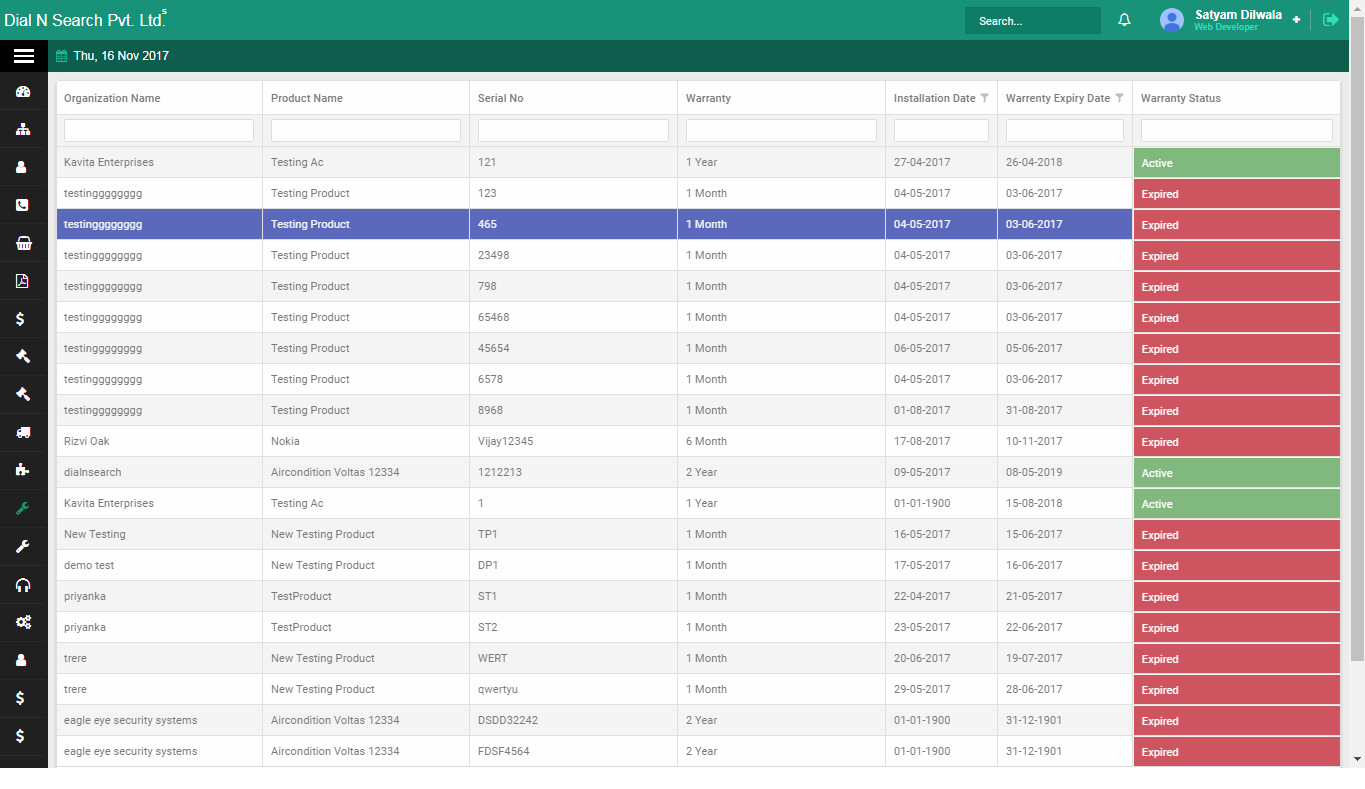 Products in warranty main view